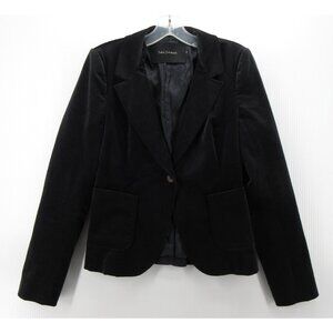 Tara Jarmon Blazer 36 Velvet Jacket Coat Leather Elbow Patches Navy